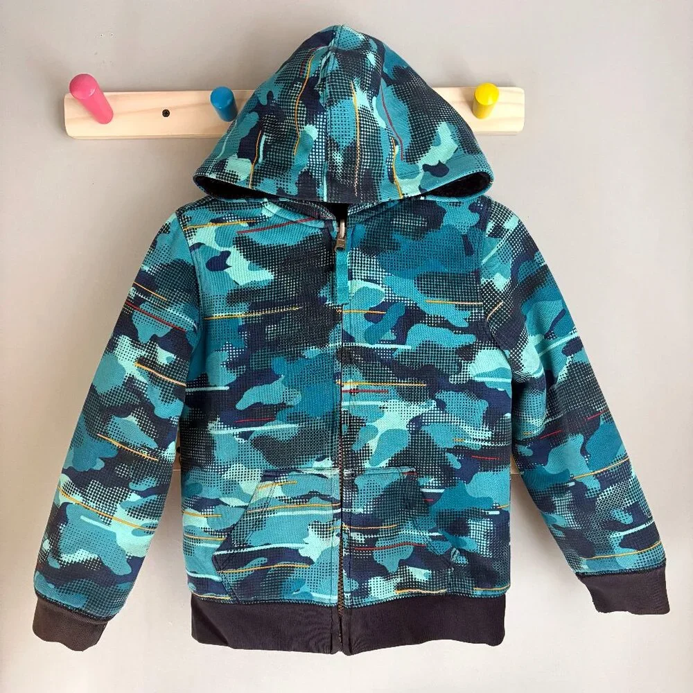 Lands' End Kids Reversible Sherpa Fleece Hoodie in Blue Graphic Camo Print